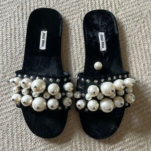 Miu Miu black velvet slides with pearls